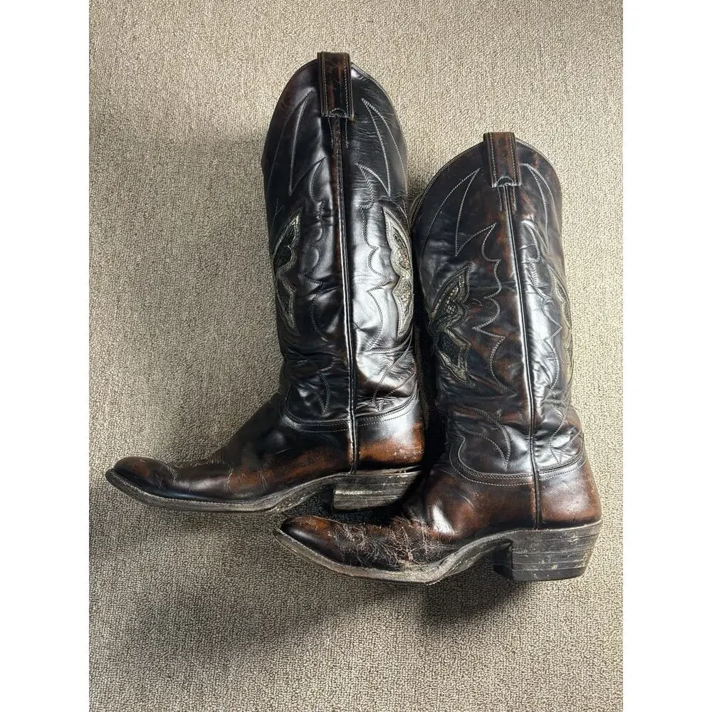Vintage Justin 8507 USA Cowboy Boots Brown Leather Butterfly Inlay Men’s 10D